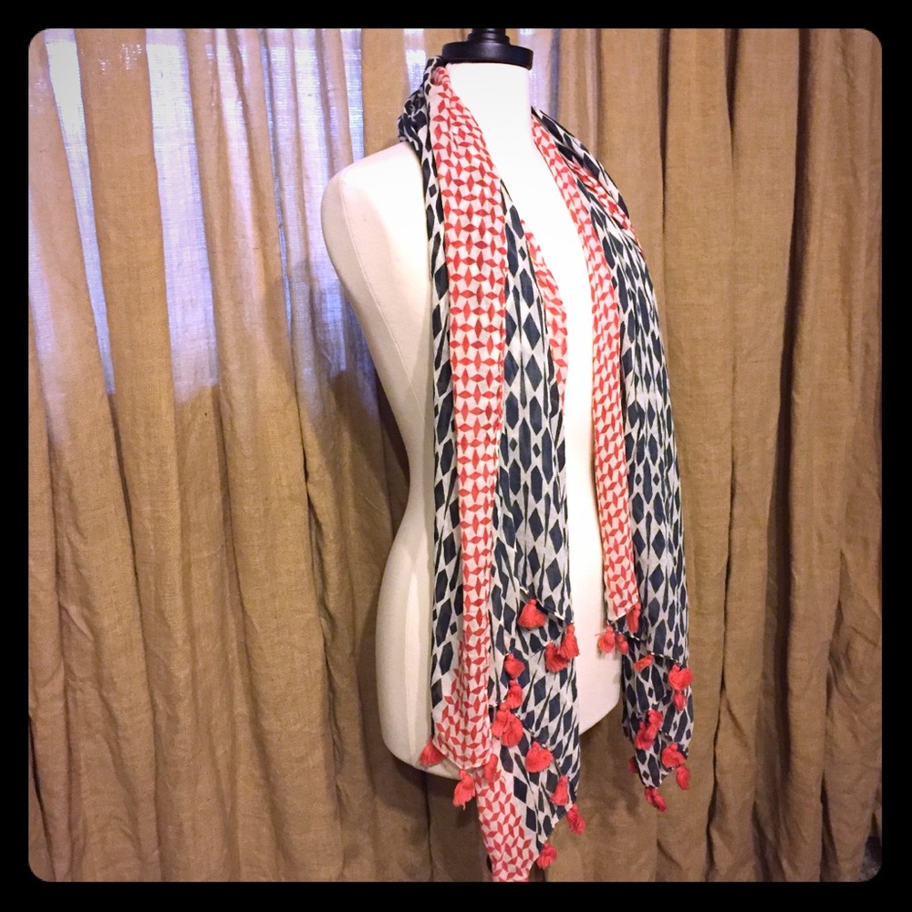Coral & navy print summer scarf with tassel detail